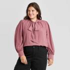 Women's Plus Size Polka Dot Long Sleeve Tie-neck Blouse - A New Day Purple