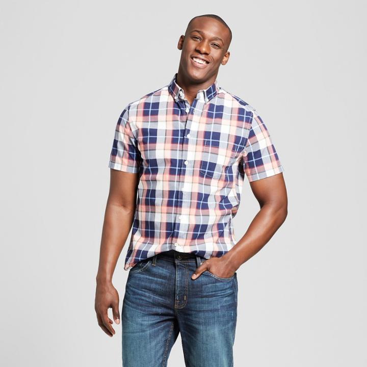 Men's Plaid Standard Fit Poplin Short Sleeve Button-down Shirt - Goodfellow & Co Peach (pink)