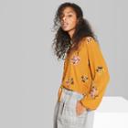 Women's Floral Print Long Sleeve Front Tie Top - Wild Fable Mustard (yellow)