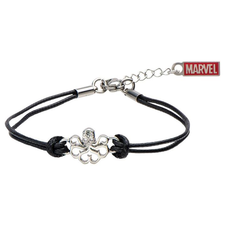 Women's Marvel Hydra Cutout Stainless Steel In Black Leather Cord Bracelet (7 + 1 Ext.), Black/silver