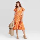 Women's Floral Print Ruffle Short Sleeve Wrap Dress - A New Day Orange