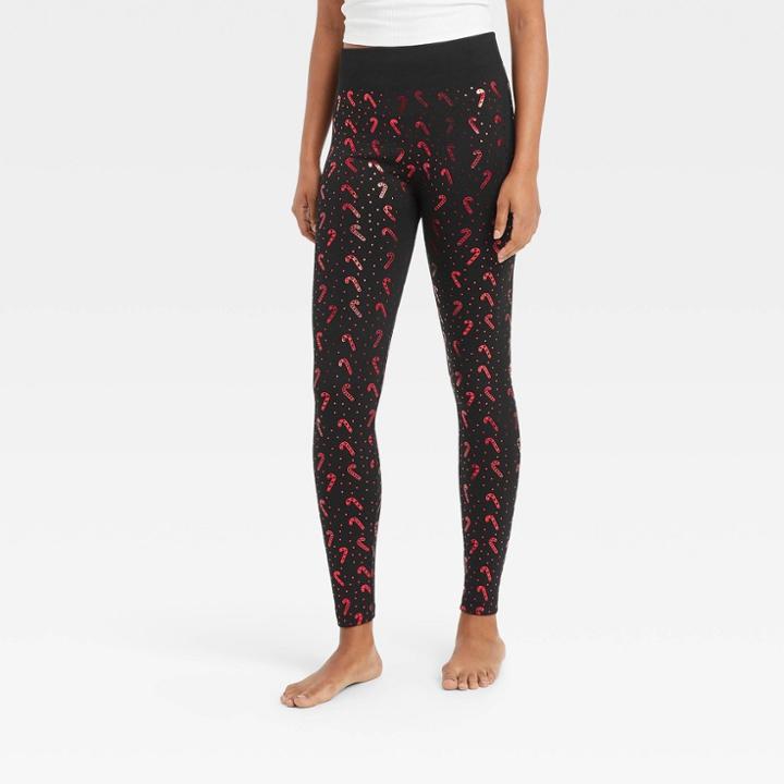 Women's Foil Print Candy Cane Seamless Fleece Lined Leggings - Wondershop Black/red