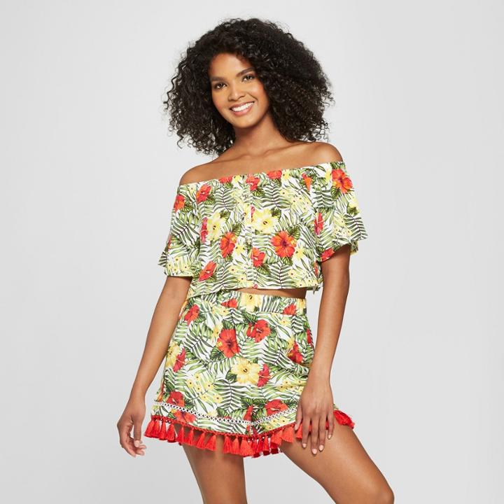 Women's Floral Print Short Sleeve Off The Shoulder Top - Xoxo (juniors') Red/yellow/green Xl,