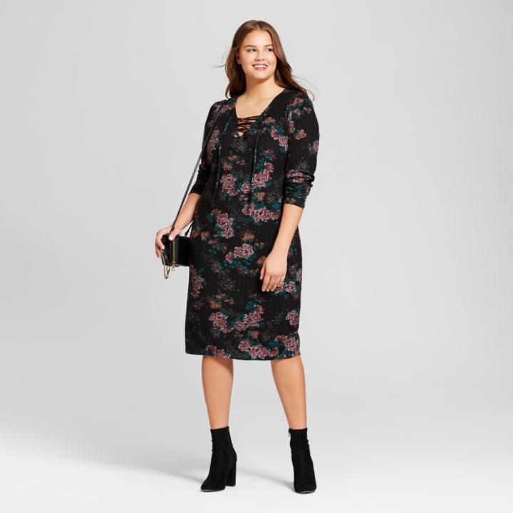 Women's Plus Size Cozy Floral Print Lace-up Dress - Xhilaration Black X