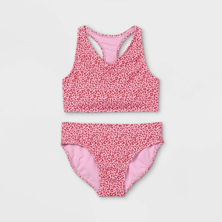 Girls' Leopard Print Racerback 2pc Bikini Set - Art Class Pink