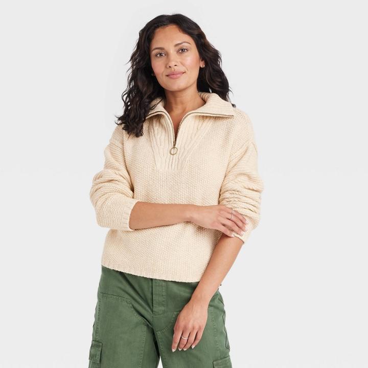 Women's Mock Turtleneck Quarter Zip Pullover Sweater - Universal Thread Cream