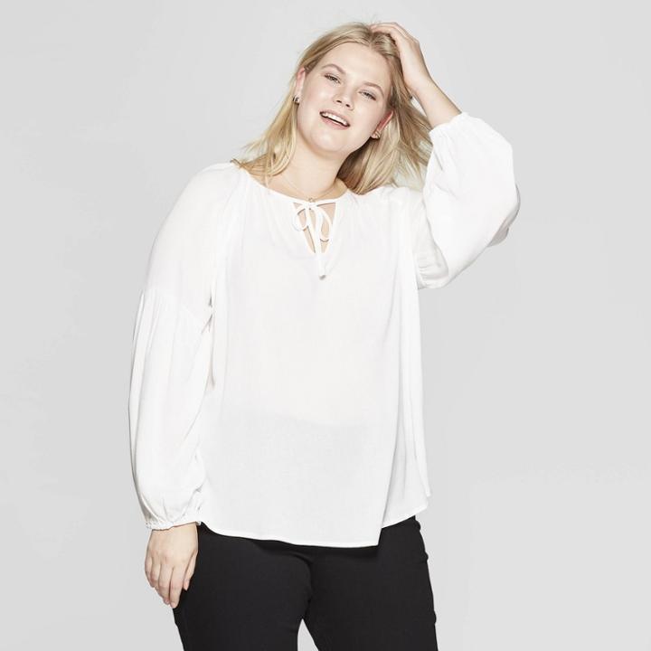 Women's Plus Size Long Sleeve V-neck Poet Blouse - Ava & Viv White
