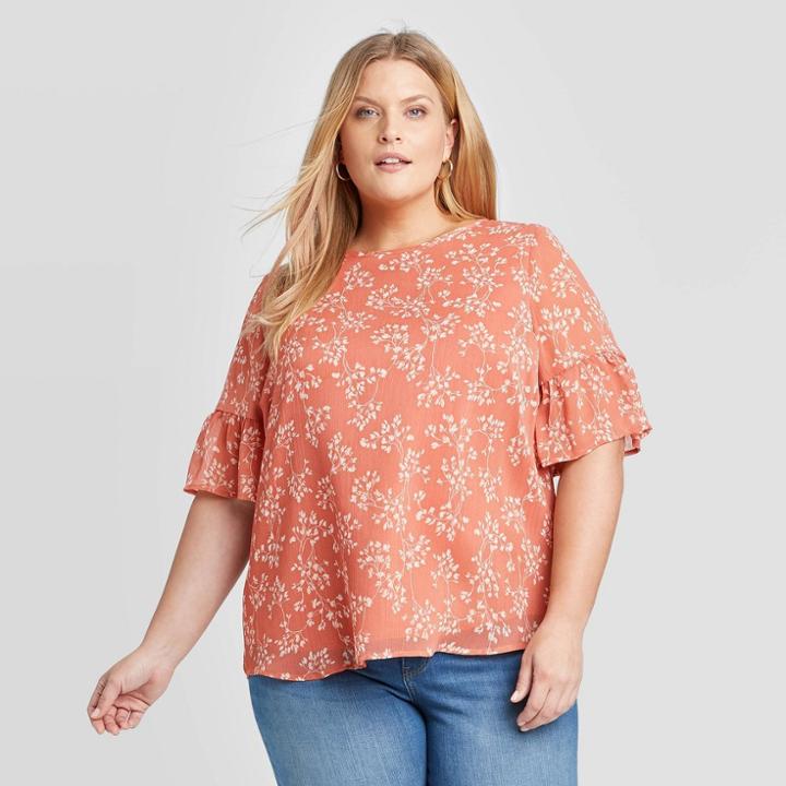 Women's Plus Size Floral Print Short Sleeve Crewneck Chiffon Blouse - Ava & Viv Coral X, Women's, Pink