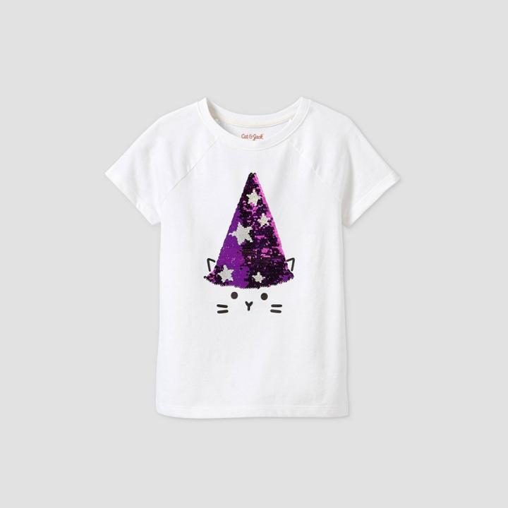 Girls' Short Sleeve Flip Sequin Spooky Cat T-shirt - Cat & Jack White