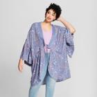 Women's Plus Size Floral Print Cocoon With Flounce Sleeves Kimono Jackets - Universal Thread Blue