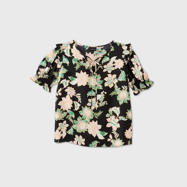 Women's Floral Print Ruffle Short Sleeve Blouse - Who What Wear Black