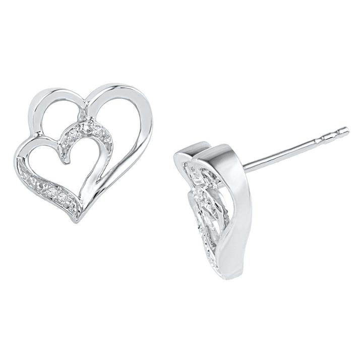 Target 1/20 Ct. T.w. Round Diamond Prong Set Double Heart Earring In Sterling Silver (ij-i2-i3), Girl's, White