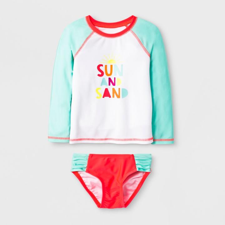 Toddler Girls' 2pc Long Sleeve Raglan Rash Guard Set - Cat & Jack White
