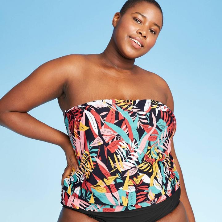 Women's Plus Size Blouson Halter Tankini Top - Sea Angel Leaf Black 1x, Women's,