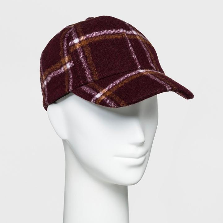 Women's Brushed Plaid Baseball Hat - A New Day Wine (red)