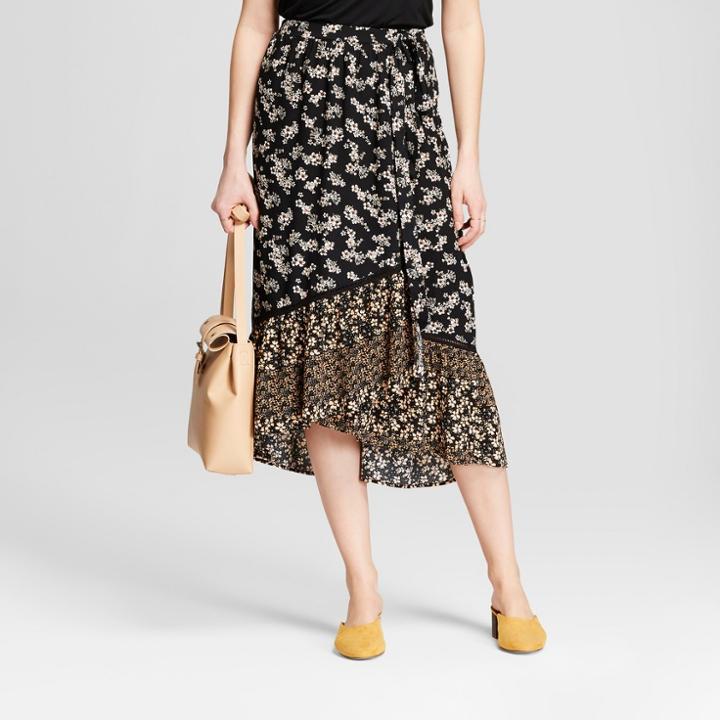 Women's Floral Print Faux Wrap Skirt - Knox Rose Black