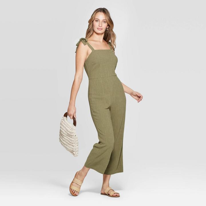 Women's Sleeveless Square Neck Shoulder Tie Wide Leg Jumpsuit - Universal Thread Olive