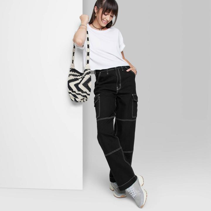 Women's Super-high Rise Cargo Baggy Jeans - Wild Fable Black