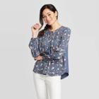 Women's Floral Print Long Sleeve Split Neck Blouse - Knox Rose Blue