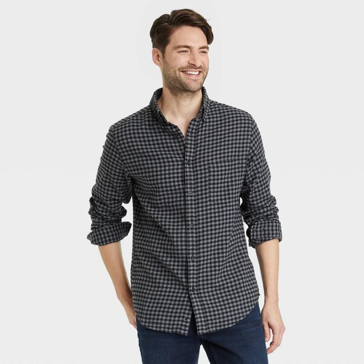 Men's Standard Fit Plaid Lightweight Flannel Long Sleeve Button-down Shirt - Goodfellow & Co Thundering Gray