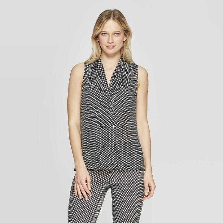 Women's Polka Dot Sleeveless V-neck Tuxedo Blouse - Who What Wear Black