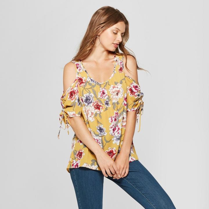 Women's Floral Print Short Sleeve Ruched Cold Shoulder Blouse - Lux Ii