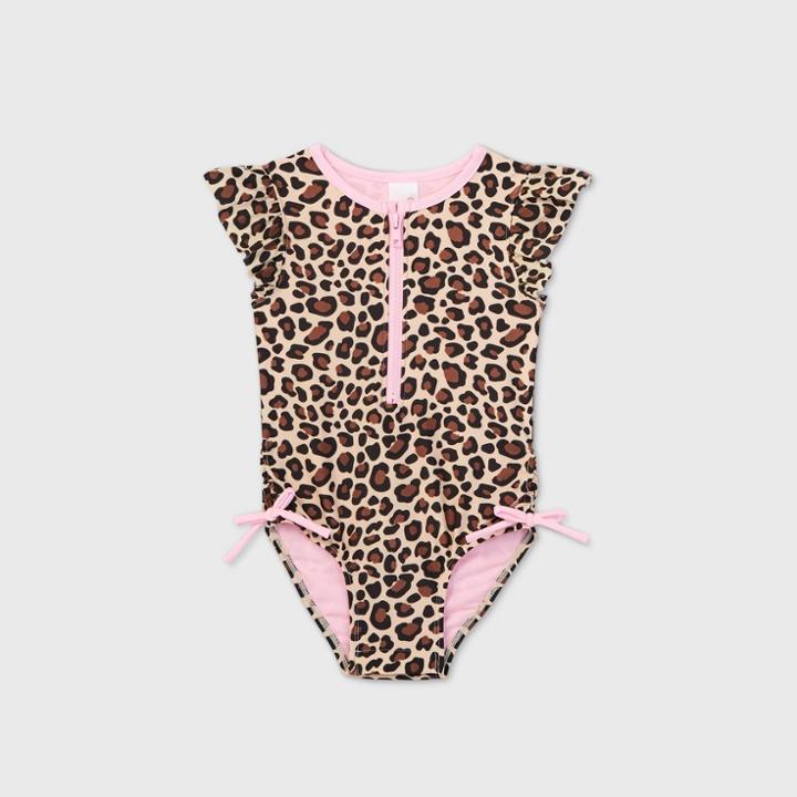 Toddler Girls' Leopard Print Zip-front Flutter Sleeve One Piece Swimsuit - Cat & Jack Brown