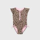 Toddler Girls' Leopard Print Zip-front Flutter Sleeve One Piece Swimsuit - Cat & Jack Brown