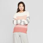 Women's Striped Long Sleeve Crew Neck Tie Back Sweater - Who What Wear Pink/white Xs, Peach