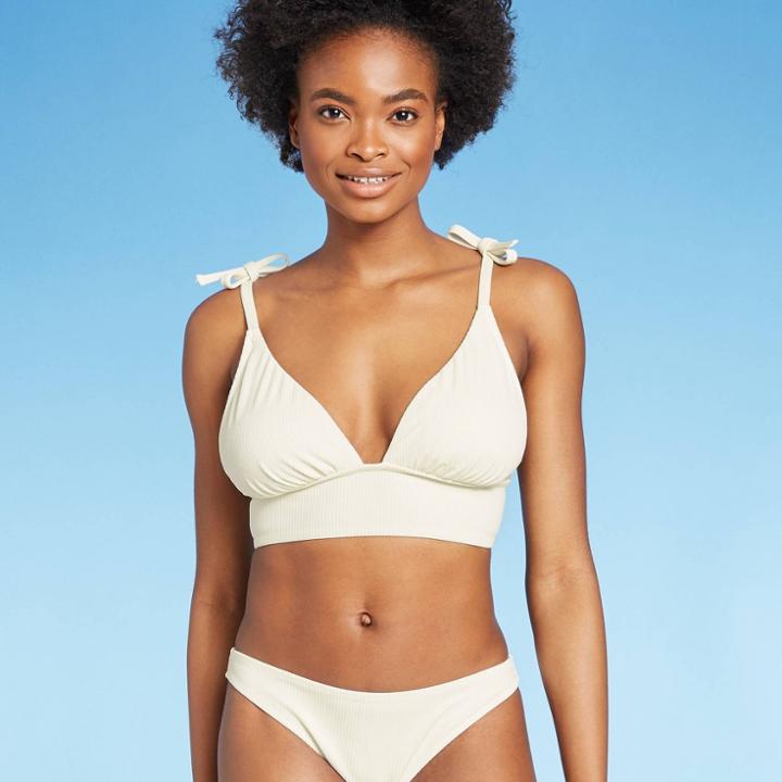 Women's Longline Ribbed Textured Tall Triangle Bikini Top - Shade & Shore Eggshell D/dd Cup