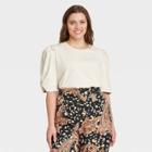 Women's Plus Size Faux Leather Puff 3/4 Sleeve T-shirt - Who What Wear Cream