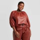 Women's Plus Size Faux Leather Balloon 3/4 Sleeve Blouse - Who What Wear Brown