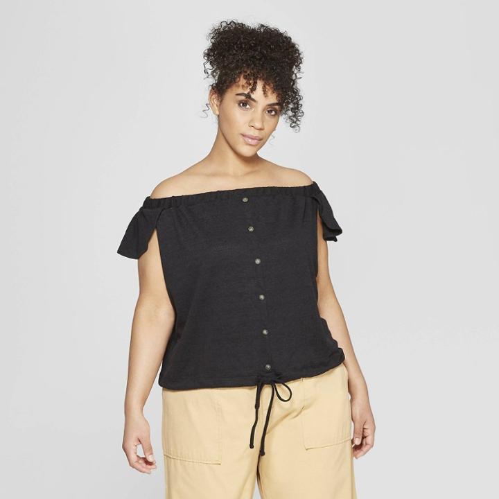 Women's Plus Size Short Flutter Sleeve Button-down Bardot Top - Who What Wear Black