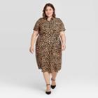Women's Plus Size Animal Print Short Sleeve Collared Neck Shirtdress - Ava & Viv Tan X, Women's, Black Brown