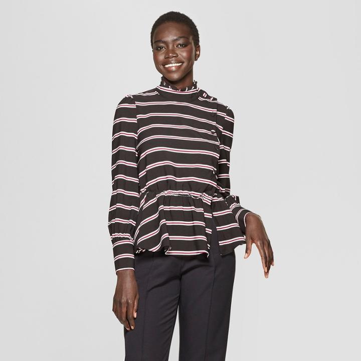 Women's Striped Long Sleeve Asymmetric Button Turtleneck Blouse - Who What Wear Black/cream Xxl, Black/cream