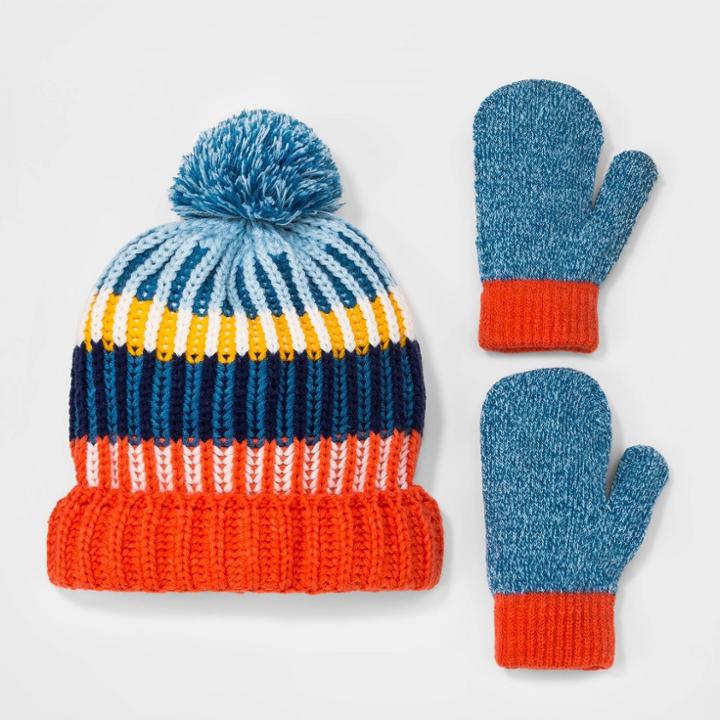Toddler Boys' Beanie And Magic Mittens Set - Cat & Jack 12-24m, Blue/orange/white
