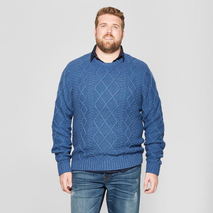 Men's Big & Tall Long Sleeve Cable Crew Pullover Sweater - Goodfellow & Co Riviera Blue