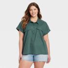 Women's Plus Size Dolman Short Sleeve Utility Button-down Shirt - Universal Thread Teal Green