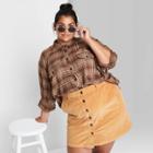 Women's Plus Size Raglan Long Sleeve Button-down Hi-low Flannel Shirt - Wild Fable Brown Plaid