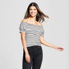 Women's Striped Short Sleeve Off The Shoulder Marilyn Ruffle Blouse - Alison Andrews White/black