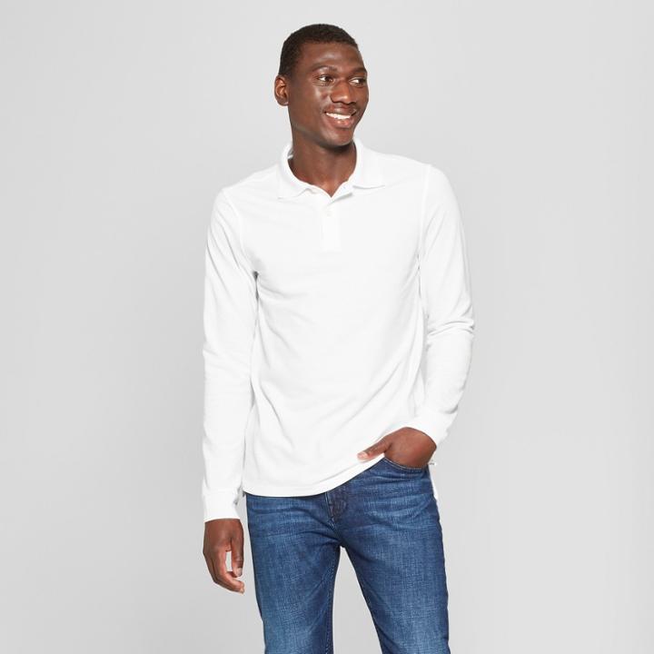 Men's Standard Fit Long Sleeve Pique Polo Shirt - Goodfellow & Co True White Opaque