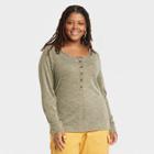 Women's Plus Size Long Sleeve Henley Neck Shirt - Universal Thread Heather Green