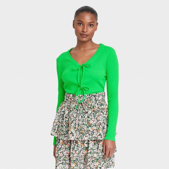 Women's Long Sleeve V-neck Shirt - Who What Wear Green