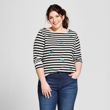 Women's Plus Size Striped Sequin Palm Trees Boatneck 3/4 Sleeve T-shirt - A New Day Black/white X