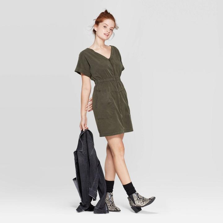 Petitewomen's Short Sleeve V-neck Zip-front Dress - Universal Thread Green