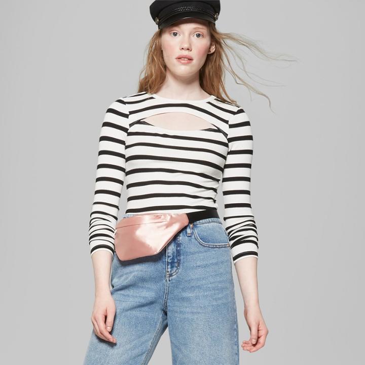 Women's Long Sleeve Rib Top With Chest Cut Out - Wild Fable White/black