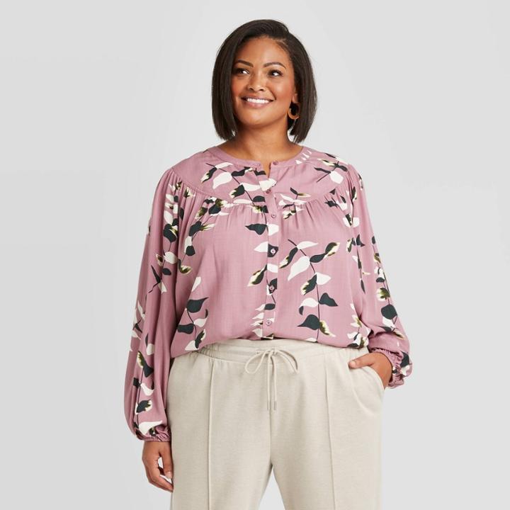 Women's Plus Size Floral Print Long Sleeve Button-front Blouse - A New Day Purple