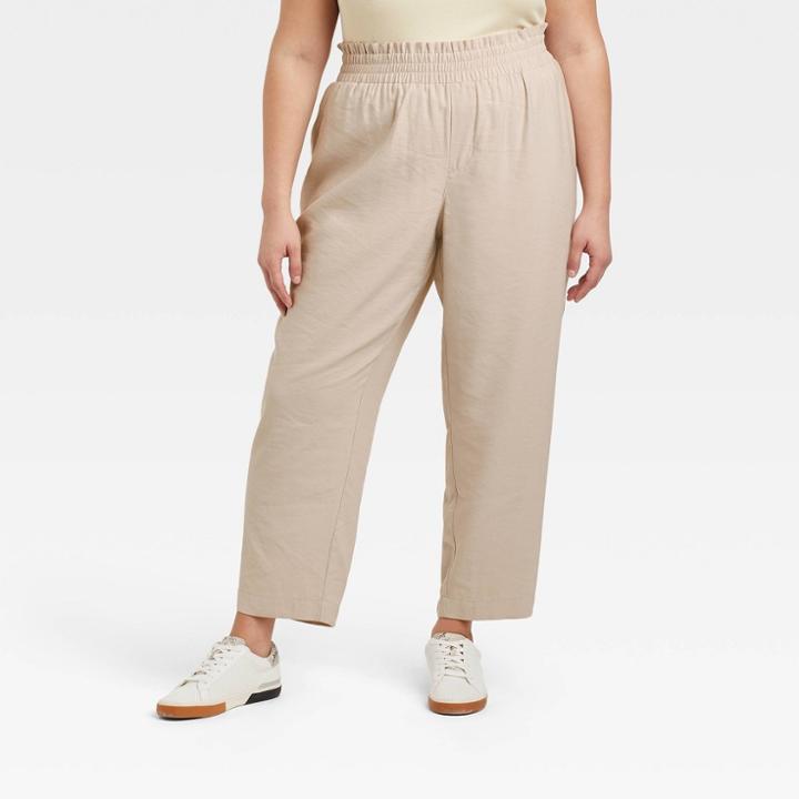Women's Plus Size High-rise Ruffle Waisted Pull-on Ankle Pants - A New Day Tan