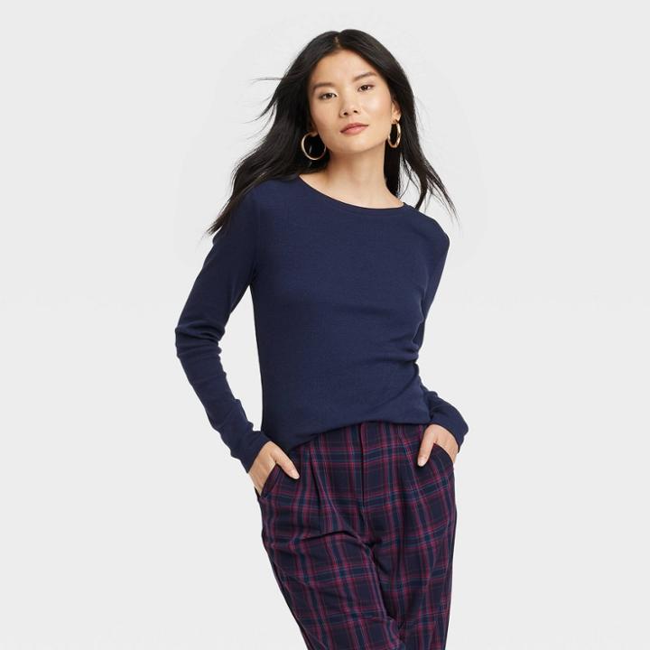 Women's Long Sleeve Ribbed T-shirt - A New Day Navy Blue