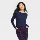 Women's Long Sleeve Ribbed T-shirt - A New Day Navy Blue
